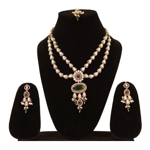 Royal Green Pendant Polki Necklace Set with Earrings & Ring
